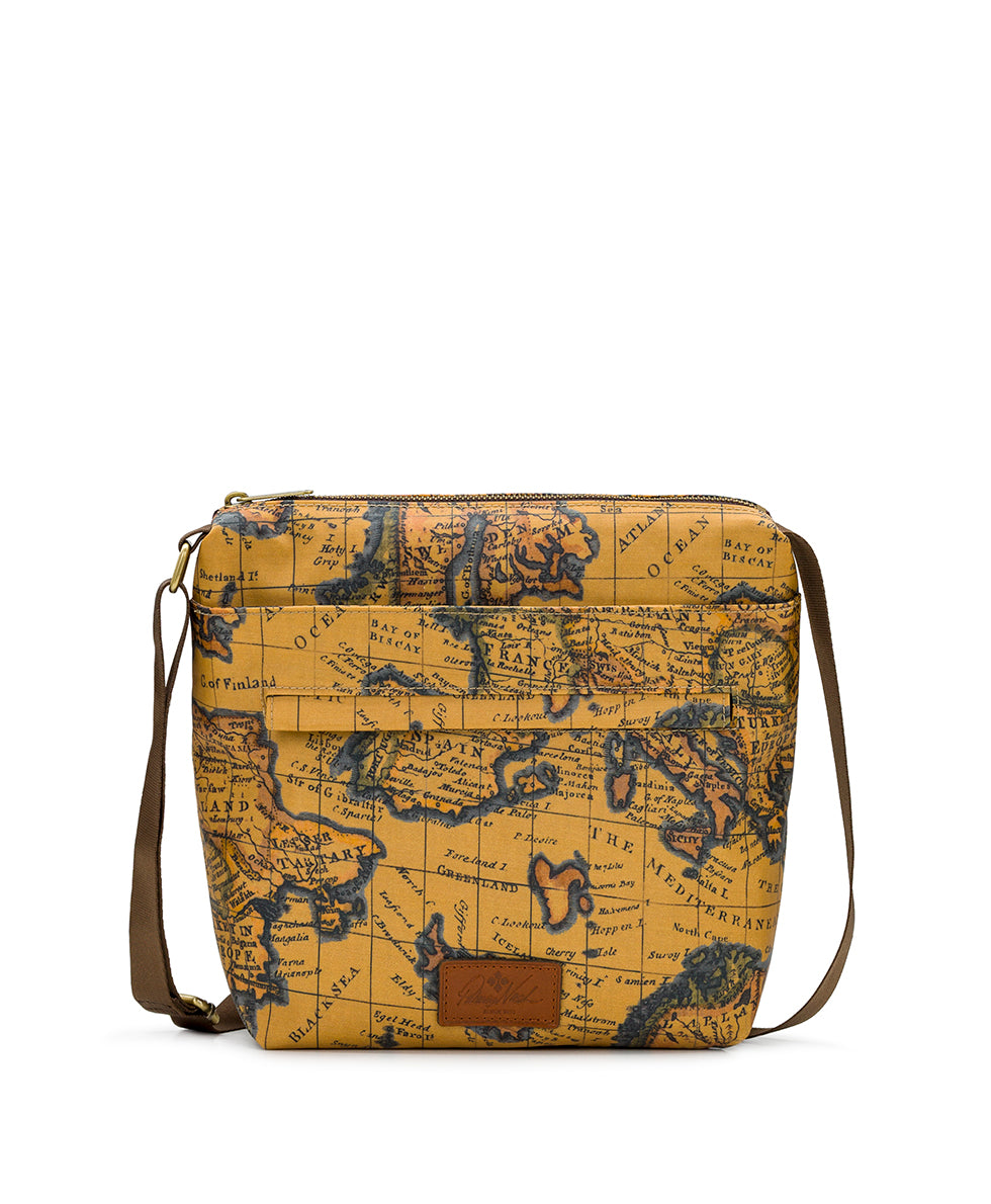 Carmini Crossbody - Patina Coated Linen Canvas — European Map Print