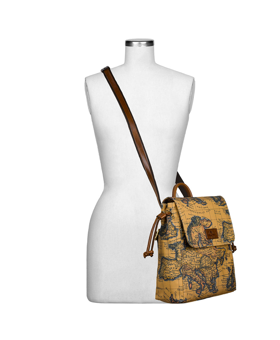 Arino Convertible Backpack - Patina Coated Linen Canvas — European Map Print