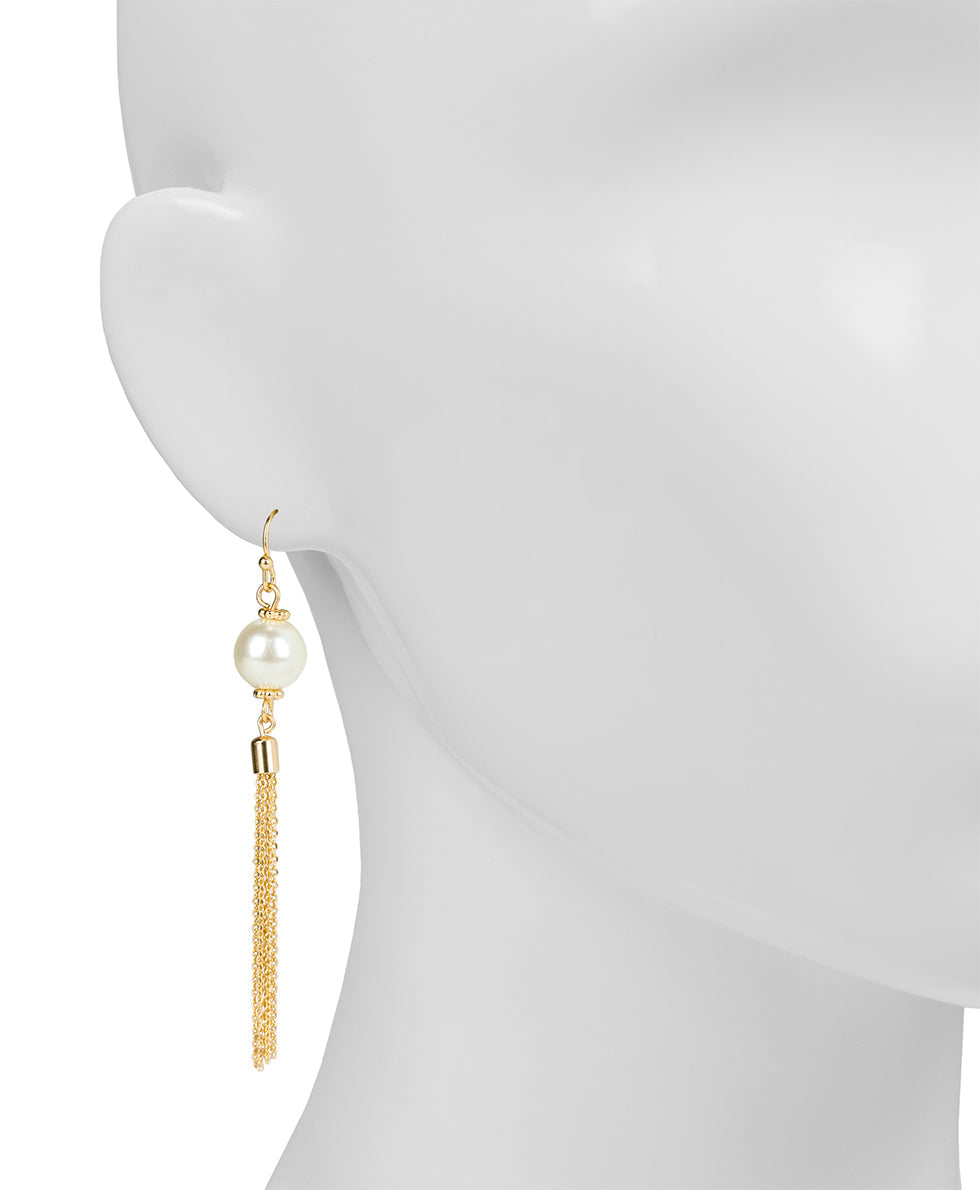 Pearl Bead Earrings w/ Tassels - Pearl