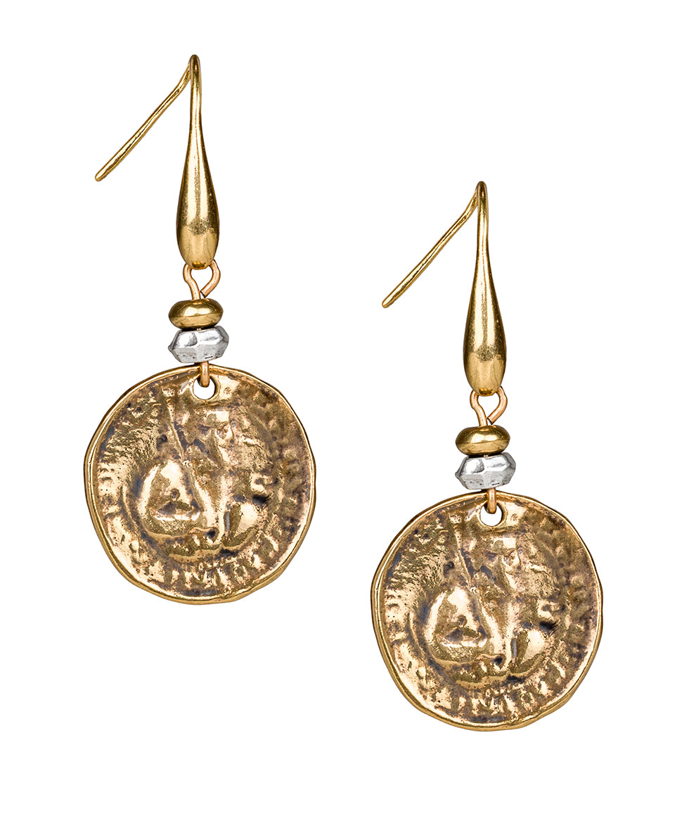 Coin Drop Earrings - Beaded Coin