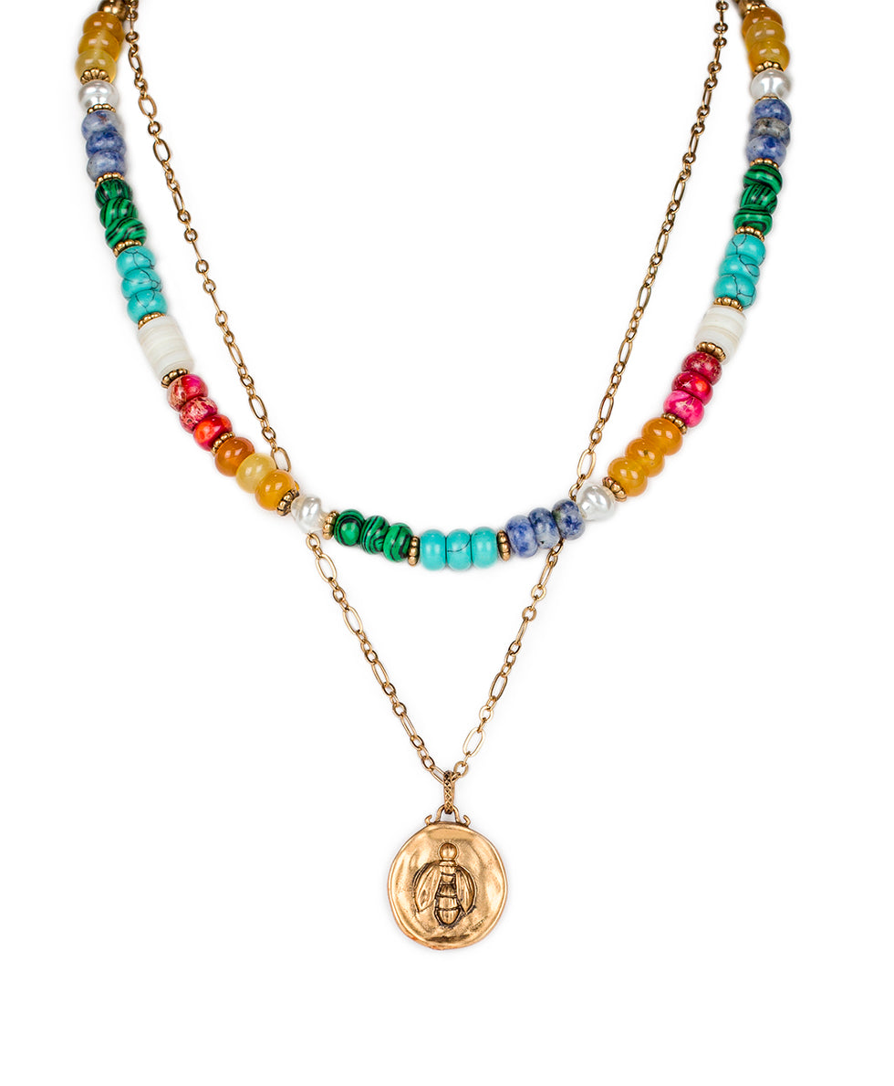 Double Strand Necklace with Bee Pendant - World Bead