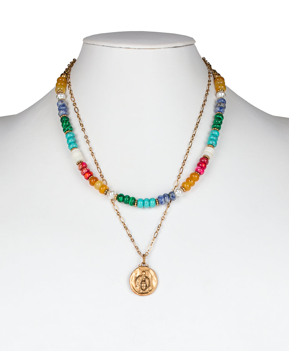 Double Strand Necklace with Bee Pendant - World Bead