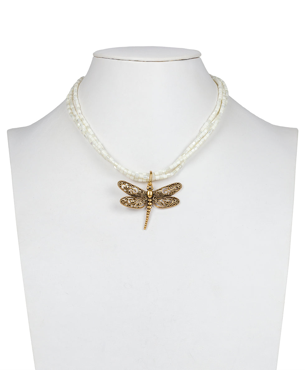 Dragonfly Pendant - Filigree & Flowers