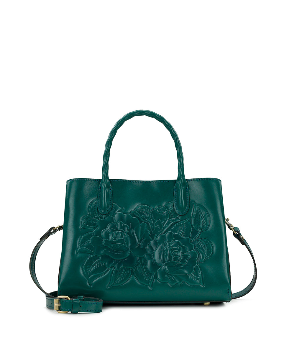 Genovese Top Handle Crossbody - Vintage Vegetable Tanned Rose Tooled — Aqua Green
