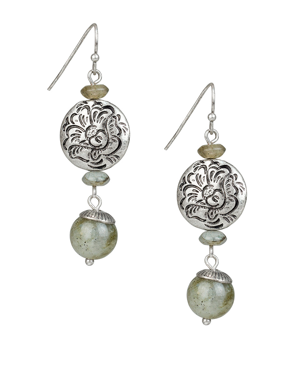 Lentil Bead Dangle Earrings - Etched Rose