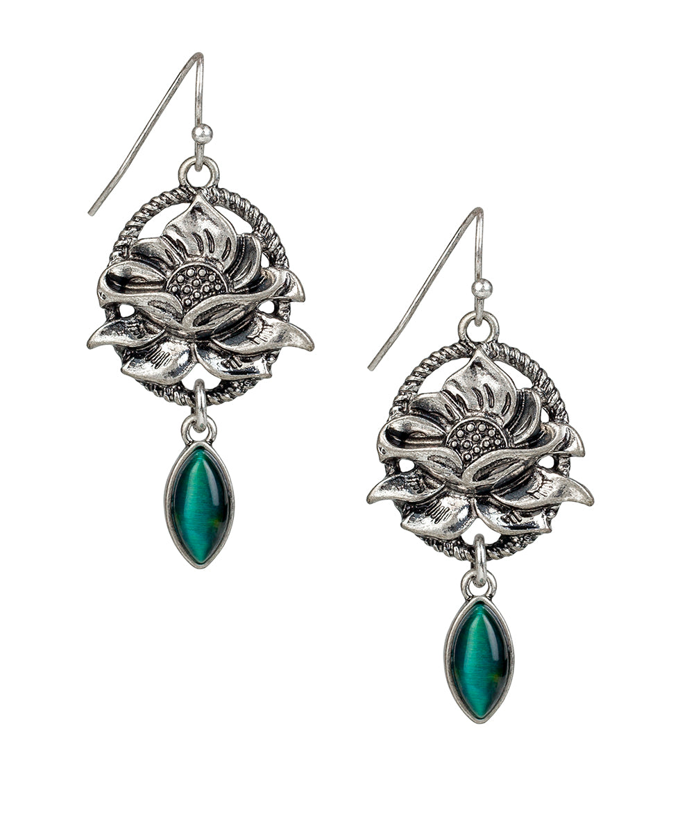 Flower Wire Drop Cabochon Earrings - Tooled Flower