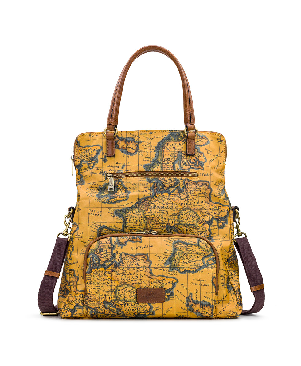 Trapani Convertible Backpack - Patina Coated Linen Canvas ‑  European Map Print