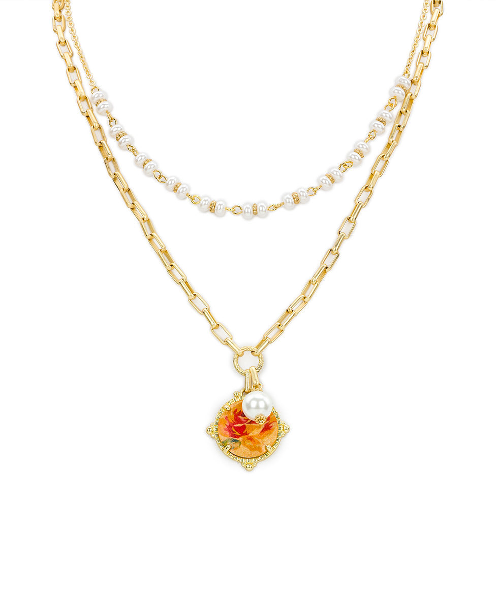 Double Strand Necklace with Pearl-Like Beads - Aegean Blooms Spot Print