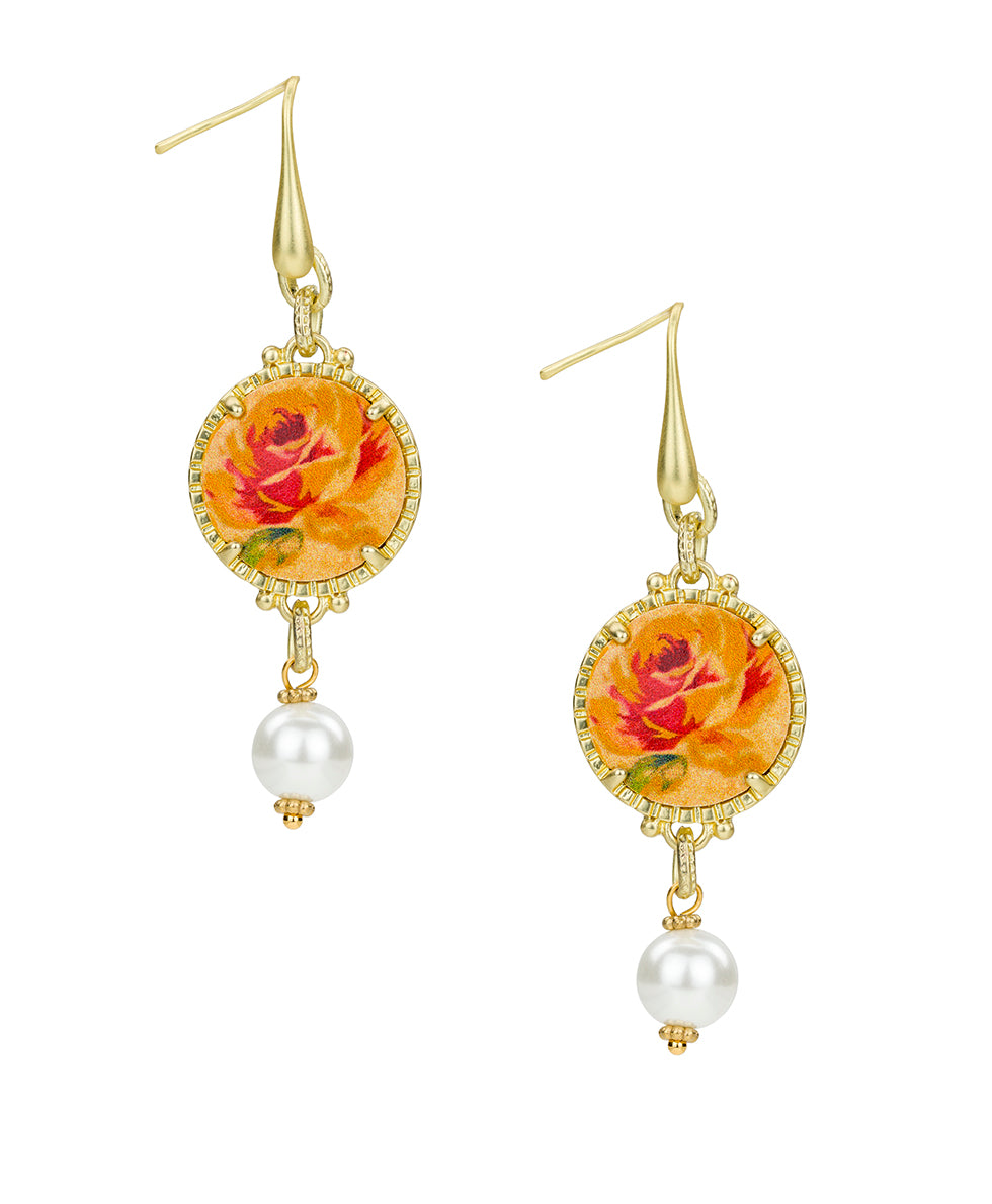 Round Drop Earrings with Pearl-Like Beads - Aegean Blooms Spot Print