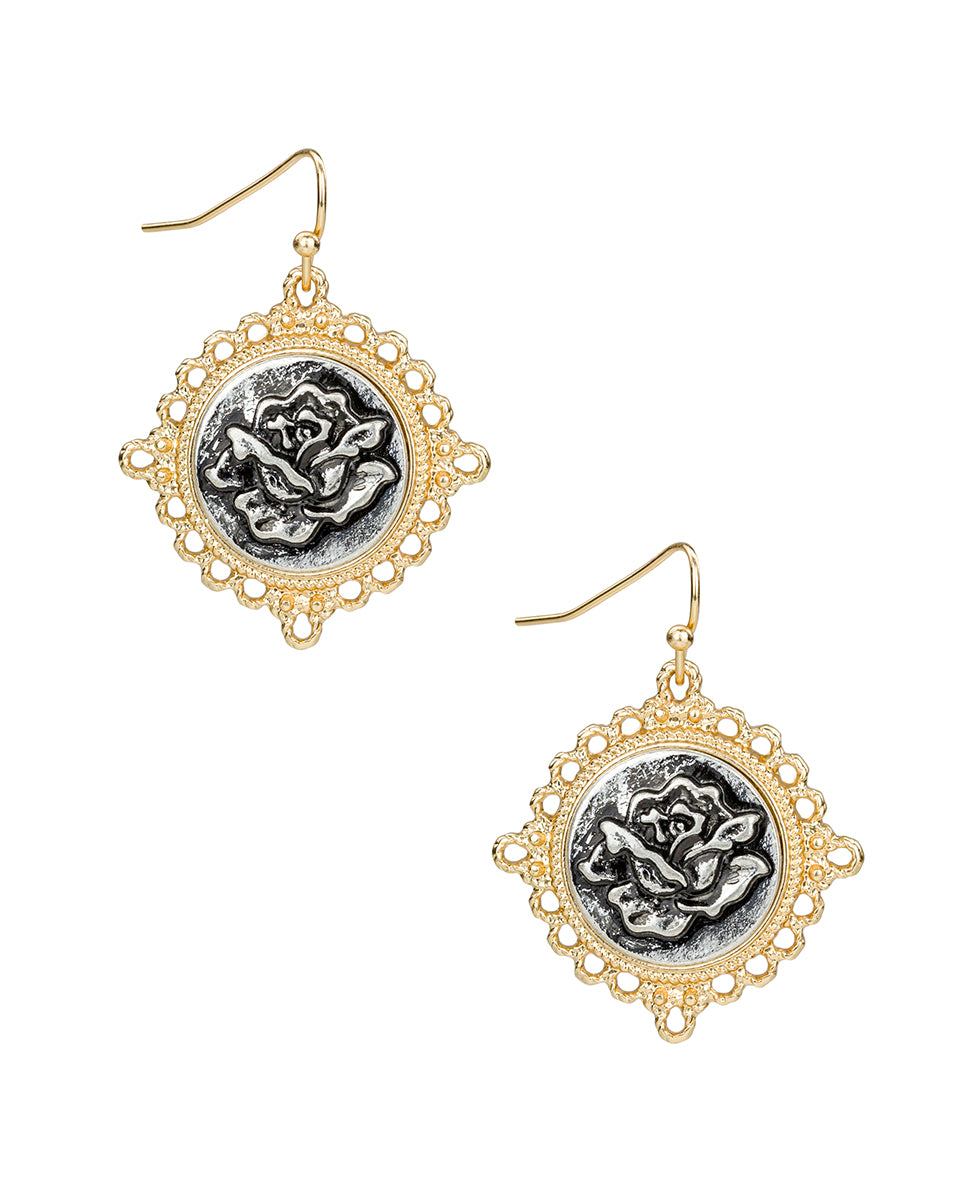 Round Drop Earrings - Carved Metal Rose