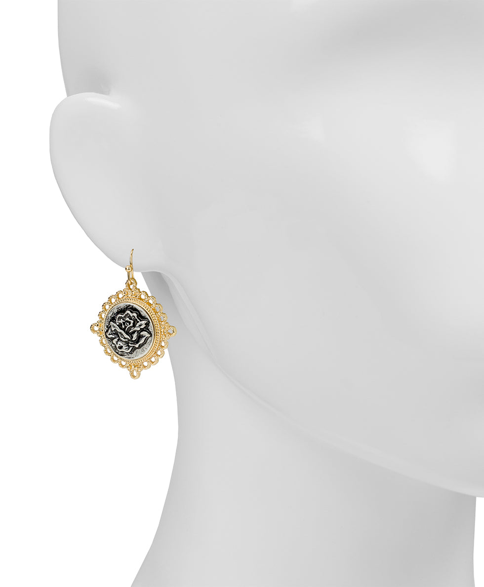 Round Drop Earrings - Carved Metal Rose