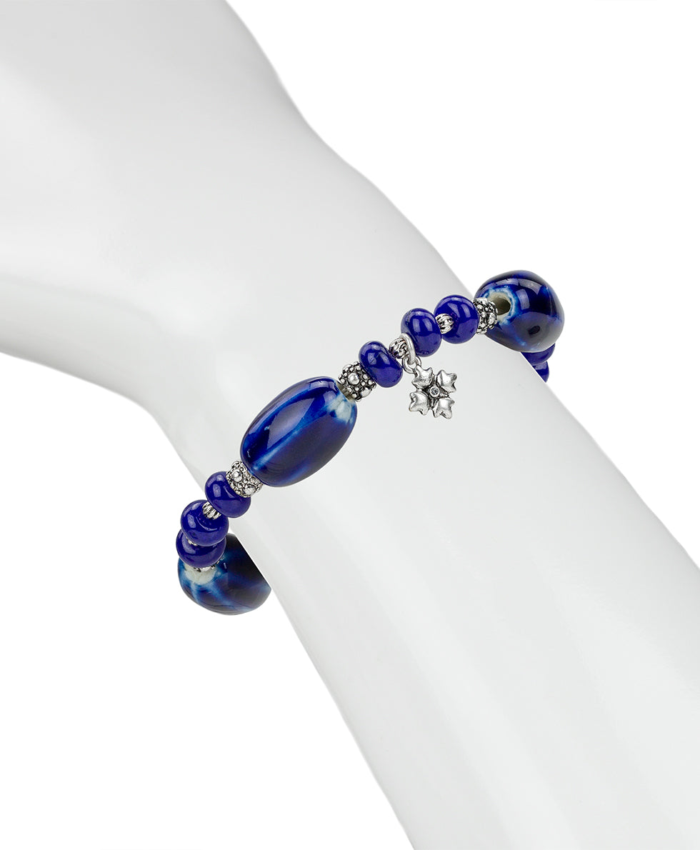 Blue Textured Stretch Bracelet - Ceramic Bead