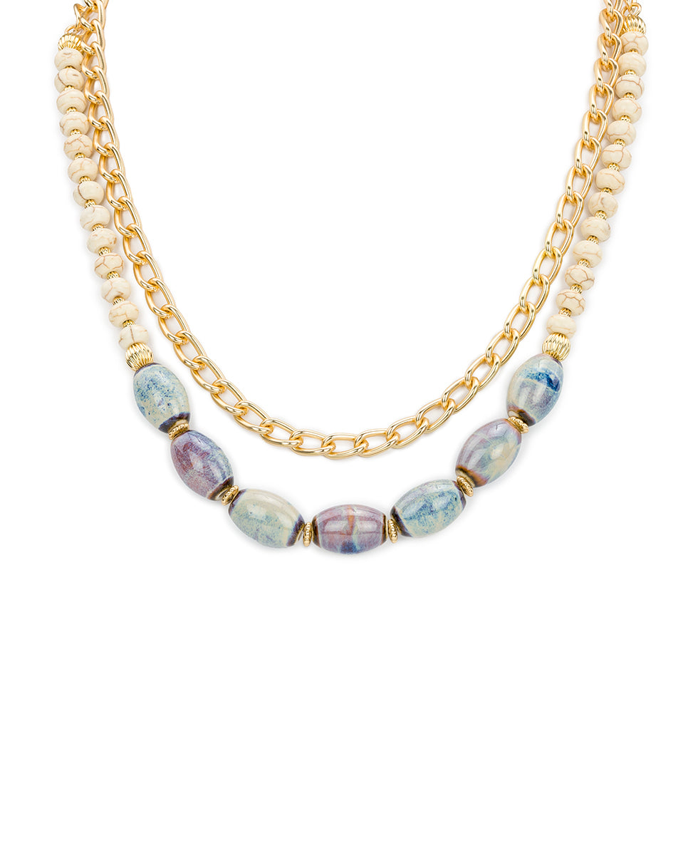 Teal and White Double Strand Short Necklace - Ceramic Bead