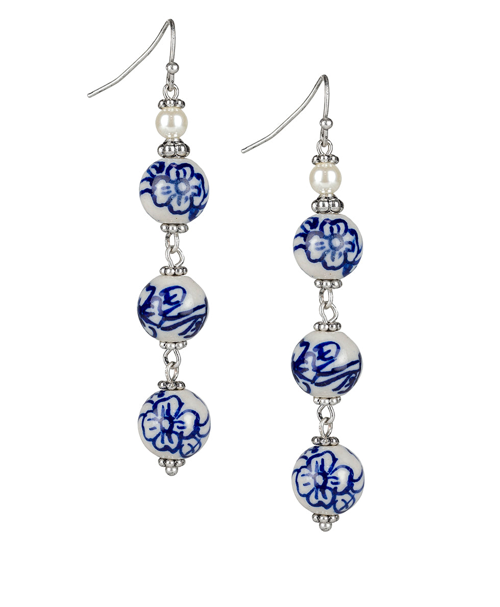 Triple Bead Drop Earrings  - Blue Ceramic Bead